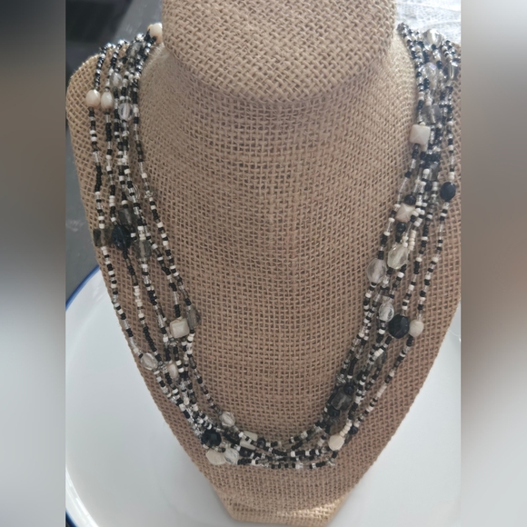 Black & Ivory Beaded Boho Multi-Strand Necklace Set 3 - Picture 2 of 8